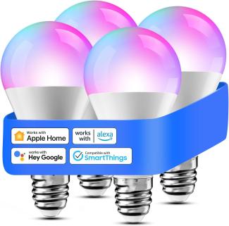 Meross Smart WLAN Glühbirne für HomeKit Wifi Lampe LED Mehrfarbige Dimmbare Glühbirne RGBWW kompatibel mit Siri, Alexa, Google Home und SmartThings, E27 Warmweiß, 4 St.