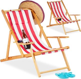 Relaxdays - Liegestuhl im 2er Set, Strandliegestuhl mit Getränkehalter Ø 10 cm, Bambus, für Balkon & Garten, klappbar, rot