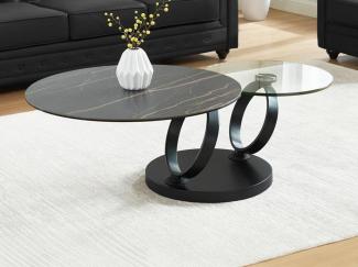 Couchtisch mit drehbaren Tischplatten JOLINE - Keramik & Glas - Schwarz mit Marmor-Effekt