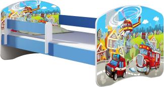 ACMA Kinderbett Jugendbett mit Einer Schublade und Matratze Blau mit Rausfallschutz Lattenrost II 140x70 160x80 180x80 (36 Feuerwehr, 140x70)