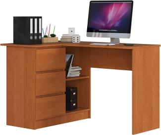AKORD Eck-Schreibtisch B-16 mit 3 Schubladen und 2 Ablagen | Schreibtisch | ecktisch | Eck Schreibtisch für Home Office | Einfache Montage | B124 x H77 x T85, 48 kg Erle