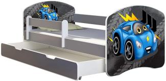 ACMA Kinderbett Jugendbett mit Einer Schublade und Matratze Grau mit Rausfallschutz Lattenrost II (04 Blaue Auto, 180x80 + Bettkasten)