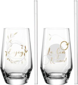 Leonardo 2 Trinkgläser + 2 Glastrinkhalme Presente Lachen, Glas, klar mit Motiv, 365 ml