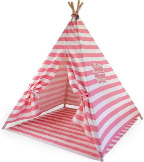 Hej Lønne Tipi Zelt für Kinder (rosa, gestreift), Indianerzelt, 4 Stangen, 120x120x150cm, Baumwolle