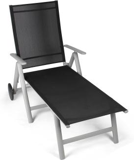 Vanage Sonnenliege in schwarz - Gartenliege mit 2 Rädern - Liegestuhl ist klappbar - Gartenmöbel - Strandliege aus Aluminium - Relaxliege für den