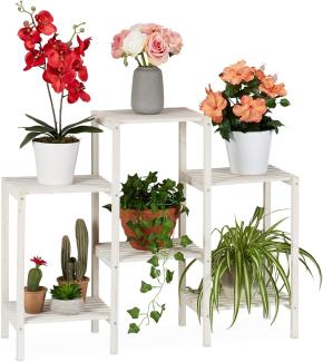 Relaxdays Blumenregal Holz, 6 Ablagen für Pflanzen, dekorative Blumentreppe für Indoor, stehend, 70 x 89 x 26,5 cm, weiß