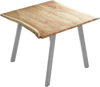 SAM Esszimmertisch 80x80 cm Laxmi, echte Baumkante, naturfarben, massiver Esstisch aus Akazienholz, Baumkantentisch mit Vier Metallbeinen Silber