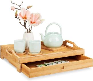 Relaxdays Bambus Serviertablett, entnehmbare Schublade, Frühstückstablett mit Griffen, H x B x T: 10 x 43 x 31 cm, natur