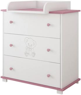 Kiki design Kommode mit Wickeltisch | 80x46 cm | Wickelkommode mit 3 Schubladen | Für Kinderzimmer | Gravierter Teddybär | Schrank für Kinderzimmer |Rosa