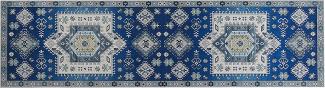 Teppich blau beige orientalisches Muster 80 x 300 cm Kurzflor PARVAKADLI