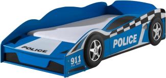 Set POLICE Kinder-Autobett inkl. Matratze, mit 70 x 140 cm Liegefläche, Ausf. MDF blau glänzend lackiert