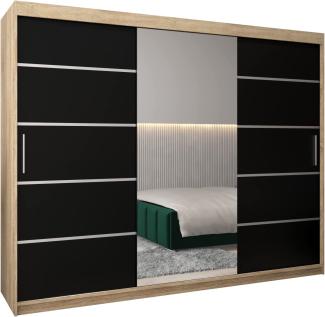Schwebetürenschrank Verona 2-250cm mit Spiegel Kleiderschrank mit Kleiderstange und Einlegeboden Schlafzimmer- Wohnzimmerschrank Schiebetüren Modern Design (Sonoma + Schwarz)