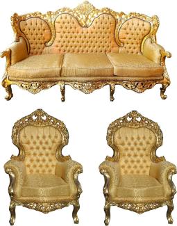 Casa Padrino Barock Wohnzimmer Set Versailles II Gold Muster / Antik Gold - 3er Sofa + 2 Sessel