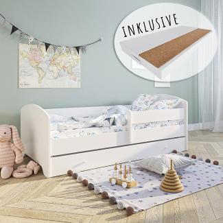 Kinderbett 160x80 cm mit Matratze und Schublade, Rausfallschutz & Lattenrost in weiß Skandi