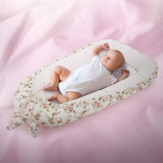 Joyz Babynest, Blumen, Weiß, 90x50 cm, Baumwolle, zweiseitig, antiallergisch, tragbar, Multifunktionale Babynestchen, Kokon für Babys & Säuglinge, Baby Nest Babybett Neugeborene Kuschelnest Reisebett