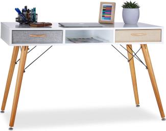 Relaxdays, weiß Schreibtisch, skandin. Design, 3 Fächer, 2 Schubladen, Computertisch HxBxT: ca. 74 x 125 x 60 cm, Holz, Standard