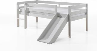Kojen-Spielbett mit Liegefläche 90 x 200 cm, inkl. Leiter, Rutsche, Rolllattenrost und Hängeregal, Kiefer massiv weiß lackiert