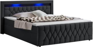 Juskys Boxspringbett Leona 140x200 cm - Bett mit LED Beleuchtung, Topper & H4 Federkern Matratzen - Einzelbett Schwarz mit Samt und Steppung