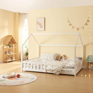 [en. casa] Kinderbett Hesel Hausbett Weiß 140 x 200 cm mit Rausfallschutz und Lattenrost Bodenbett Jugendbett Holzbett