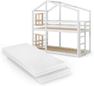 Vitalispa Doppelstockbett Maja 200 x 90 cm Weiß mit Leiter, Etagenbett, 2 Kinder, Matratze
