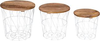 levandeo 3er Set Beistelltisch Metall Metallkorb Weiß Mango Couchtisch Holz Deckel Deko Aufbewahrung Design Tisch