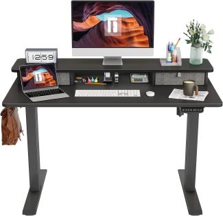 FEZIBO Schreibtisch Höhenverstellbar Elektrisch mit Doppelschubladen, 120 x 60 cm Stehtisch, Stehpult mit Ablagefach, mit Spleißbrett, Schwarzer Rahmen/Schwarze Oberfläche