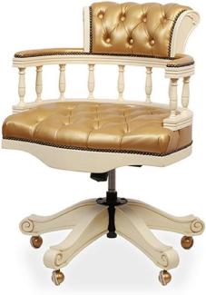 Casa Padrino Luxus Barock Chesterfield Leder Schreibtischstuhl Gold / Creme - Höhenverstellbarer Echtleder Bürostuhl - Büro Möbel - Edel & Prunkvoll