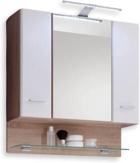 BAROLO Spiegelschrank Bad mit LED-Beleuchtung in Sonoma Eiche Optik, Weiß Hochglanz - Badezimmerspiegel Schrank mit viel Stauraum - 70 x 74 x 26 cm (B/H/T)