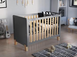 Love For Sleep Babybett,Gitterbett Grau-Kiefer 120x60 cm mit Schaumstoffmatratze Aloe Vera + Sicherheitsbarriere aus Holz