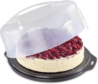 Xavax Kuchen-Transportbox rund mit Deckel Kuchenbehälter 31,5 cm Durchmesser, Innenhöhe 8 cm,Kuchenbox mit Stückeinteilungshilfe,Tortenplatte anthrazit, Transparent