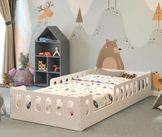 CADANI Monte Bodenbett 90x200 cm Weiß, Flexibler Rausfallschutz abnehmbar, Kinderbett Umbaubar, Montessori Design, 2 Eingänge, Holzbett mit Lattenrost
