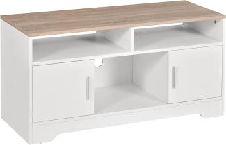 HOMCOM TV-Lowboard Fernsehschrank TV-Bank mit 2 Schränken und 3 offenen TV-Kommode bis zu 50 Zoll Fernsehtisch Unterschrank Kabelführungsöffnung Spanplatte Weiß+Naturholz 105 x 40 x 52 cm