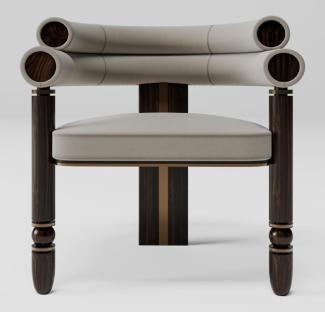 Casa Padrino Luxus Samt Esszimmer Stuhl mit Armlehnen Grau / Dunkelbraun / Messing 69 x 63 x H. 72 cm - Küchen Stuhl mit edlem Samtstoff - Esszimmer Möbel - Luxus Möbel