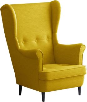 Leo Lounge Sessel mit Armlehnen, Stuhl aus Stoff mit Holz Füßen, Ohren- & armlehnensessel, Polsterstuhl, Ohrensessel, Ohrensessel groß, für Esszimmer & Wohnzimmer (Gelb, Ohne Hocker)