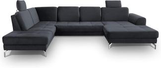 CAVADORE Wohnlandschaft Benda / Große Sofagarnitur mit XL-Longchair rechts & Federkern / Inkl. Sitztiefenverstellung & Kopfstützen / 332 x 87 x 226 / Samt: dunkelblau
