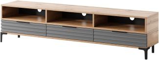 Selsey RIKKE - TV-Lowboard/TV-Tisch mit 3 offenen und 3 geschlossenen Fächern, 160 cm breit (Wotan Eiche Matt/Grau Hochglanz mit LED)