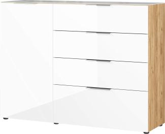 Amazon Marke - Alkove Sideboard/Kommode Selencia, in Navarra-Eiche-Nachbildung/Weiß, Fronten und Oberboden mit Glasauflage, mit einer Tür und 4 Schubladen, 134 x 102 x 42 cm (BxHxT)