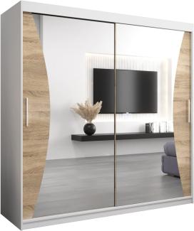 Kryspol Schwebetürenschrank Monaco 200 cm mit Spiegel Kleiderschrank mit Kleiderstange und Einlegeboden Schlafzimmer- Wohnzimmerschrank Schiebetüren Modern Design (Weiß + Sonoma)