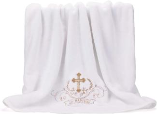 LACOFIA Taufe Handtuch Unisex Baby Taufe Decke, Weiß mit Gold Stickerei Kreuz, Personalisierte Geschenke für Jungen oder Mädchen, Volle Badetuch Größe 150 * 75 CM