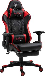 Gaming Stuhl mit Fußstütze und ergonomsichen 4D-Armlehnen, Kunstleder Schwarz/Rot, 140 x 70 x 55 cm