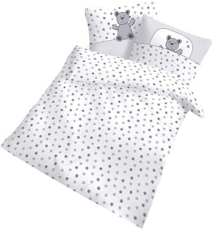 Dobnig Biber Baby Bettwäsche 2 teilig Bettbezug 100 x 135 cm Kopfkissenbezug 40 x 60 cm Teddy Sterne silber