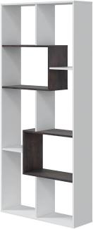 Bücherregal mit mehreren Positionen und acht Einlegeböden, Farbe Weiß mit anthrazitfarbenen Details, Maße 80 x 180 x 25 cm