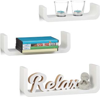 Relaxdays Wandregal 3er Set, dekorative U-form Wandboards, kleine Holz-Regalbretter 10 cm tief, bis 40 cm breit, weiß