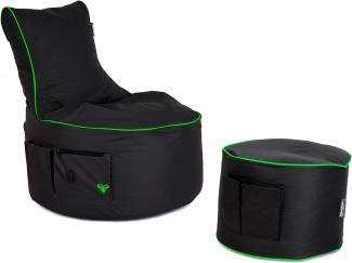 BuBiBag Gaming Sitzsack mit Hocker - Sitzsack für Kinder und Erwachsene | Beanbag mit Anschluss, Gaming, Halterung und Seitentasche, Outdoor Sitzsack - Maverick (Anthrazit-Neongrün)