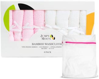 JM Bambus Baby Waschlappen, 8 Stück - Waschlappen Kinder Set, 25x25cm - Weiche Baby Gesichtstücher Für Sensible Haut - Baby Waschlappen mit ein Wäschesack (Rosa & Weiß)