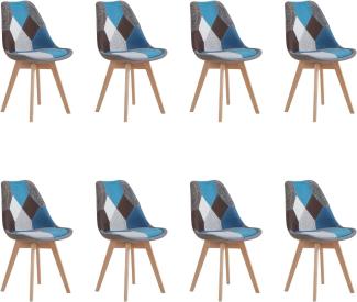 HJhomeheart Set aus 8 Esszimmerstühlen aus Patchwork-Stoff mit abnehmbarem Sitzkissen und Massivholzbeinen für Esszimmer, Wohnzimmer, Küche usw. (Blau Patchwork)