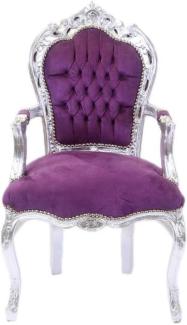 Casa Padrino Barock Esszimmer Stuhl mit Armlehnen und edlem Samtstoff Lila / Silber - Handgefertigter Antik Stil Stuhl - Esszimmer Möbel im Barockstil - Barock Möbel