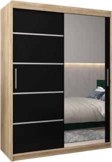 Kryspol Schwebetürenschrank Verona 2-150 cm mit Spiegel Kleiderschrank mit Kleiderstange und Einlegeboden Schlafzimmer- Wohnzimmerschrank Schiebetüren Modern Design (Sonoma + Schwarz)