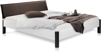 Möbel-Eins LUKY Bett Metallfuß, mit Polsterkopfteil, Material Massivholz, Fichte massiv weiss 200 x 220 cm Kunstleder Braun