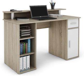 byLIVING Schreibtisch DIEGO / Arbeits-Tisch mit viel Stauraum in Sonoma Eichen-Holz-Optik / Fronten in Weiß / Computer-Tisch / 1 Schublade, 1 Tür, 3 offene Fächer / 120x88x55cm (BxHxT)